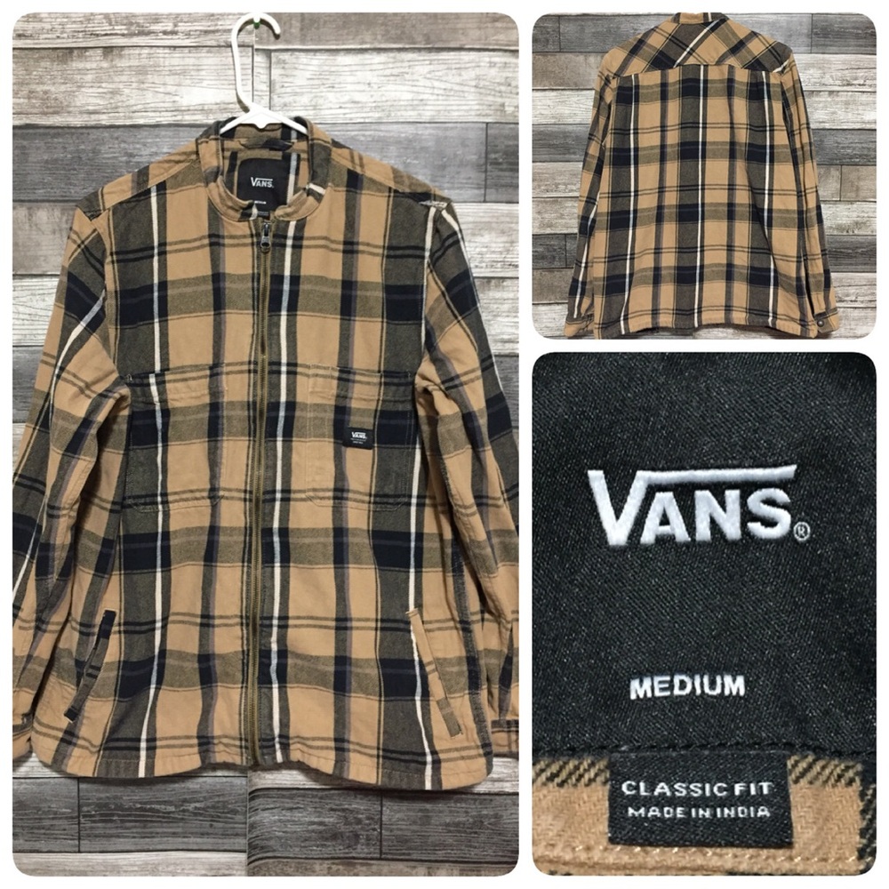 Vans Classic Fit Full Zip Flannel Jacket Men’s M Tan Plaid Collarless Pockets